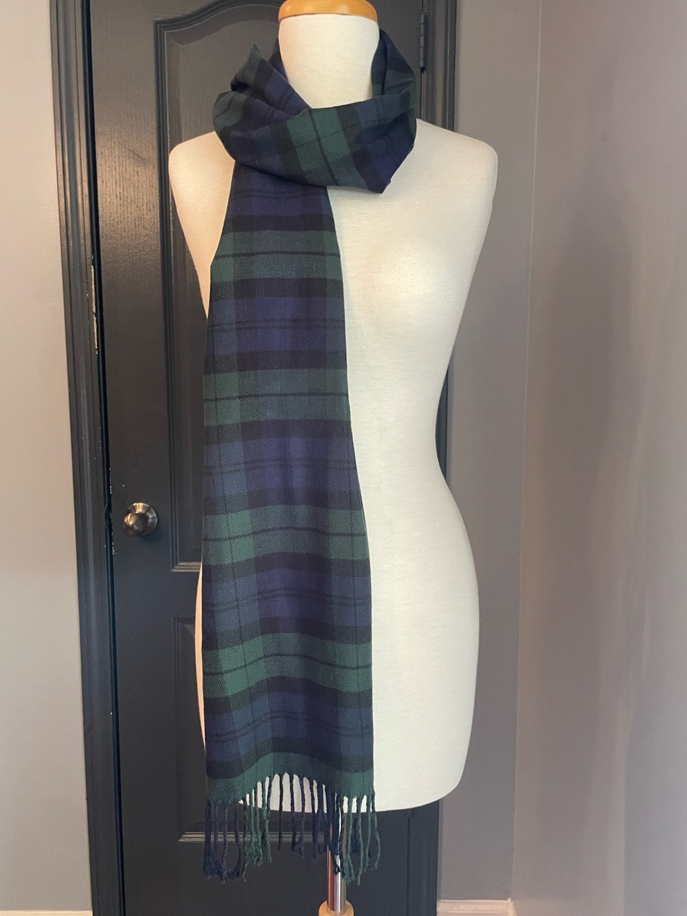 Lands End Lambswool Tartan Plaid Navy & Forest Green Scarf